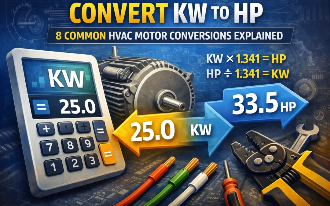 Infographic showing a kW to HP conversion formula with a calculator, HVAC motor, and wiring tools displaying 25 kW equals 33.5 HP
